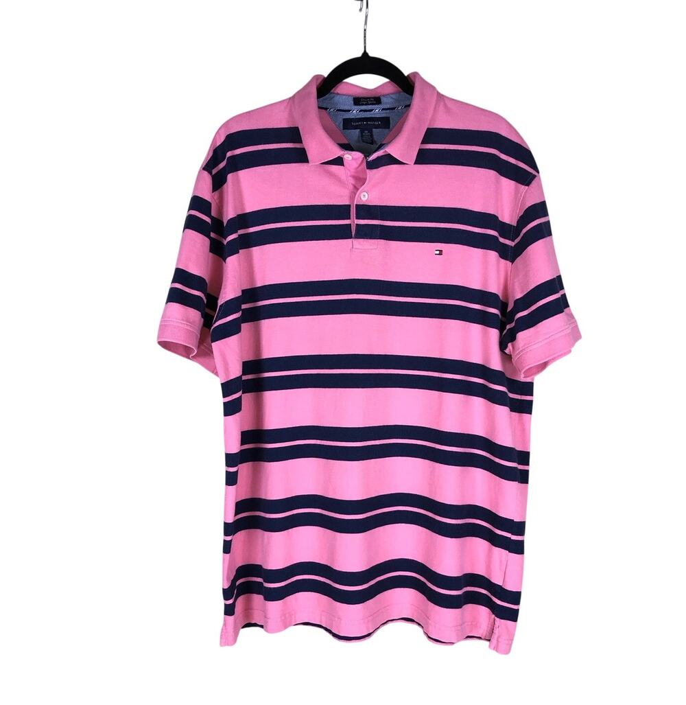 Tommy Hilfiger Polo Shirt Men’s XXL Pink Blue Black Striped Custom Fit Cotton